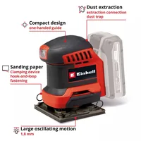 Einhell Akku-Schwingschleifer TE-OS 18/113 Li – Solo - Ausstattung: Ohne Akku & Ladegerät - Set: Nein - Produktkategorie: Schwingschleifer - Werkzeugaufnahme: Micro-Klettverschluss - Akkusystem: Einhell Power X-Change - Spannung: 18 V