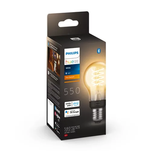 Philips Hue Leuchtmittel White E27 Einzelpack Filament 550 lm - Lampensockel: E27 - Farbtemperatur Kelvin: 2100 K - Aussenanwendung: Nein - Gesamtleistung: 7.2 W - Lichtfarbe: Warmweiss (WW) - Leuchten Kategorie: Leuchtmittel