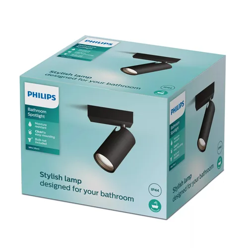 Philips Aufbauspot Idris GU10, IP44 Schwarz, ohne Leuchtmittel - Leuchten Kategorie: Spot - Betriebsart: Netzbetrieb - Lampensockel: GU10 - Farbtemperatur Kelvin: Je nach Leuchtmittel - Gesamtleistung: 5 W - Farbwiedergabeindex CRI: 0