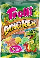 Trolli Gummibonbons Dino Rex 200 g - Produkttyp: Gummibonbons - Nährwertangabe pro: 100 g - Energiegehalt (in kj): 1472 KJ - Energiegehalt (in kcal): 346 Kcal - Fett: 0 g - Gesättigte Fettsäuren: 0 g