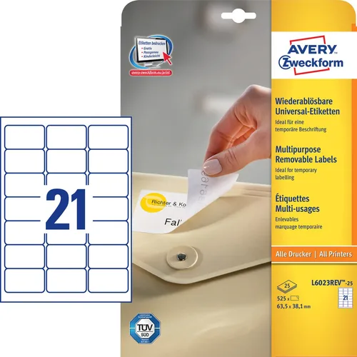 AVERY ZWECKFORM Universal-Etikett. 63,5x38,1mm L6023REV-25 weiss 630 Stk./25 + 5 Blatt