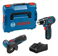 Bosch Professional Akku-Bohrschrauber Set 12 V-GSR+GWS+2 x 2.0Ah - Produktkategorie: Bohrschrauber - Winkelschleifer - Werkzeugaufnahme: Schnellspannbohrfutter - Ausstattung: Mit Akku & Ladegerät - Set: Ja - Kapazität Wattstunden: 24 Wh - Akkusystem: Bosc