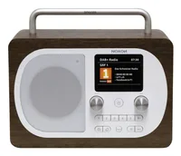 Noxon DAB+ Radio Eiger Walnuss/Weiss - Widerstandsfähigkeit: Keine Angabe - Radio Tuner: DAB+ - FM - Stromversorgung: Netzbetrieb - Optionaler Akku - Detailfarbe: Walnuss - Weiss - Streaming Formate: Keine - Ausstattung: Display - Schlummerfunktion - Send