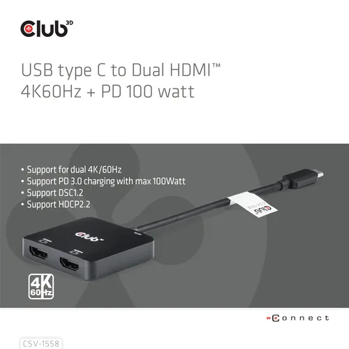 CLUB3D USB-C® Hub to Dual HDMI™ 4K60Hz M/F+PD3.0 100 Watt