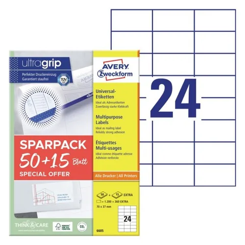 Avery Zweckform Universal-Etiketten 70 x 37 mm,1560 Etiketten / 65 Bogen - Klebehaftung: Selbstklebend - Drucker Kompatibilität: Inkjet - Laser - Anzahl Blatt: 65 × - Papierformat: A4 - Anzahl Etiketten: 1560 - Etikettengrösse: 70 x 37 mm