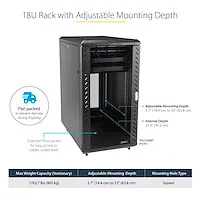 StarTech.com 18HE 19 Zoll Server Rack/Schrank - 4 Pfosten mit Einstellbare Tiefe(15-81cm), abschließbares Knock Down(FlatPack) Netzwerkschrank - Glastür &amp; Rollen - HP ProLiant ThinkServer (RK1836BKF)