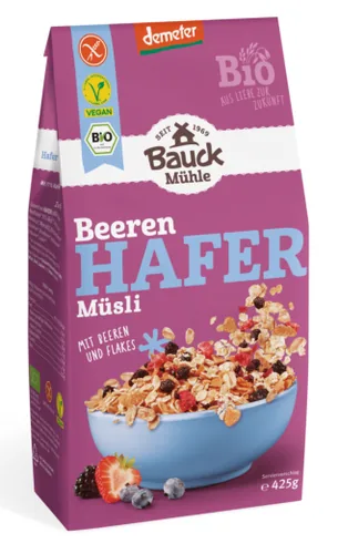Bauck Mühle Müesli Hafer Beere 425 g - Produkttyp: Früchte & Beeren - Nährwertangabe pro: 100 g - Energiegehalt (in kj): 1517 KJ - Energiegehalt (in kcal): 359 Kcal - Fett: 5 g - Davon gesättigte Fettsäuren: 0.8 g