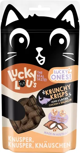 Lucky Lou Katzen-Snack Lucky Ones Krunchy Krisps Huhn & Lachs, 60g - Snackart: Biscuits - Tierbedürfnis: Kein besonderes Bedürfnis - Geschmacksrichtung: Fisch - Geflügel - Zertifikate: Keine Zertifizierung - Fleischsorte: Huhn - Lachs - Packungsgrösse: 60