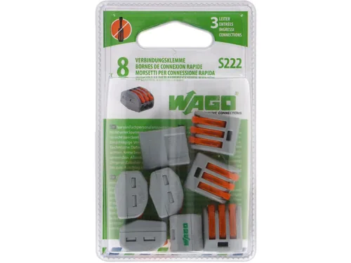 WAGO Verbindungsklemme Wago Klemme 3L 3-fach, 8 Stück - Verwendung Klemmen: Drähte + Litzen - Schutzklasse: IP20 - Verpackungseinheit: 8 Stück - Detailfarbe: Orange - Eigenschaften Hausinstallation: Steckklemme - Flammwidrig - E-Nr.: 0