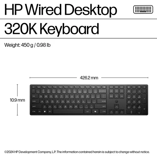 HP Tastatur 320K für Desktop-PC kabelgebunden, CH Layout - Tastatur Typ: Business - Tastaturlayout: QWERTZ (CH) - Tastatur Features: Einstellbarer Neigungswinkel - Keyboard Tasten: Klassisch (Knöpfe) - Detailfarbe: Schwarz - Ziffernblock: Ja