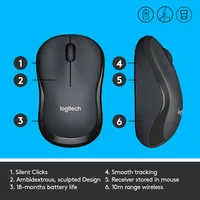 Logitech Maus M220 Silent , kabellos - Maus-Typ: Standard - Maus Features: Ein-/Ausschalter - Silent-Tasten - Scrollrad - Bedienungsseite: Universal - Detailfarbe: Schwarz - Verbindungsart: Kabellos - Schnittstelle: USB-A