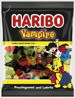 Haribo Int. Gummibonbons Vampire 150 Stück - Produkttyp: Gummibonbons - Nährwertangabe pro: 100 g - Energiegehalt (in kj): 1461 KJ - Energiegehalt (in kcal): 344 Kcal - Fett: 0.5 g - Gesättigte Fettsäuren: 0.1 g