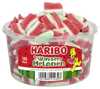 Haribo Gummibonbons Wassermelonen Dose 1050 g - Produkttyp: Gummibonbons - Nährwertangabe pro: 100 g - Energiegehalt (in kj): 1438 KJ - Energiegehalt (in kcal): 339 Kcal - Fett: 0.5 g - Davon gesättigte Fettsäuren: 0.1 g