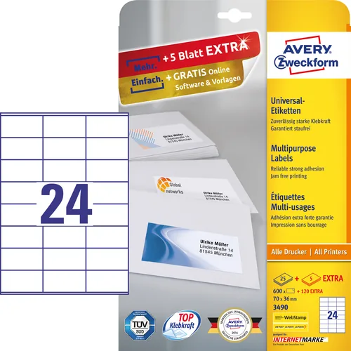 AVERY ZWECKFORM Universal-Etiketten 70x36mm 3490 weiss 720 Stk./25 + 5 Blatt