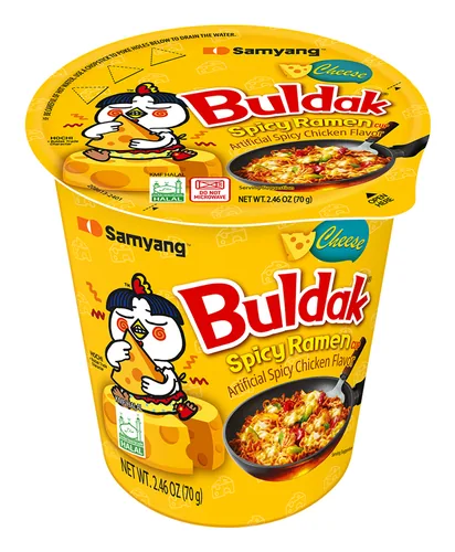 Samyang Buldak Hot Chicken Ramen Cheese Cup 70 g - Produkttyp: Asiatische Nudelgerichte - Nährwertangabe pro: 100 g - Energiegehalt (in kj): 1711 KJ - Energiegehalt (in kcal): 409 Kcal - Fett: 13 g - Gesättigte Fettsäuren: 5.4 g