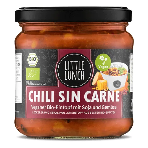 Little Lunch Chili sin Carne Bio 350 ml - Produkttyp: Gemüse - Nährwertangabe pro: 100 ml - Energiegehalt (in kj): 324 KJ - Energiegehalt (in kcal): 77 Kcal - Fett: 2.1 g - Gesättigte Fettsäuren: 0.4 g