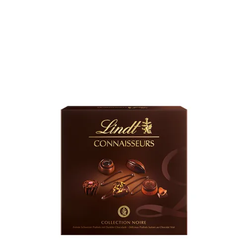 Lindt Schokoladen-Pralinen Connaisseurs Collection Noire 140 g - Produkttyp: Assortiert - Nährwertangabe pro: 100 g - Energiegehalt (in kj): 2314 KJ - Energiegehalt (in kcal): 555 Kcal - Fett: 35 g - Davon gesättigte Fettsäuren: 21 g