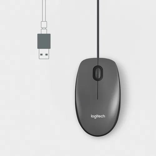 Logitech Maus M100 Optical - Maus-Typ: Standard - Maus Features: Scrollrad - Bedienungsseite: Universal - Detailfarbe: Schwarz - Verbindungsart: Verkabelt - Schnittstelle: USB-A