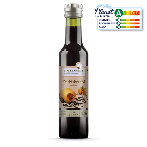 Bio Planete Kürbiskernöl geröstet 250 ml - Produkttyp: Kürbiskernöl - Nährwertangabe pro: 100 ml - Energiegehalt (in kj): 367 KJ - Energiegehalt (in kcal): 819 Kcal - Fett: 91 g - Gesättigte Fettsäuren: 16 g