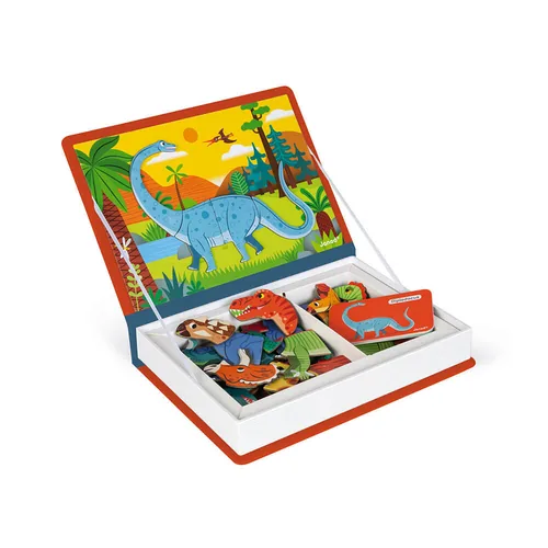 Janod Beschäftigungsspielzeug Magnetbuch Dinosaurier - Altersempfehlung ab: 3 Jahren - Material: Pappe - Nachhaltigkeit: FSC® - Detailfarbe: Orange