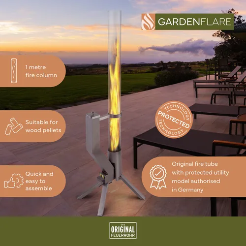 Gardenflare Klassik Feuerrohr Silber - Zusatzausstattung: Keine - Typ: Ambiente - Höhe: 130 cm - Durchmesser: 8 cm - Material: Borosilikatglas - Edelstahl - Edelstahl (pulverbeschichtet) - Metall