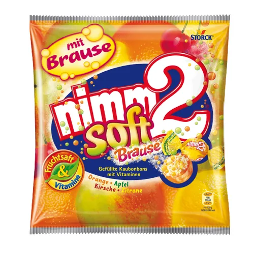 Storck Nimm2 soft Brause 195 g - Produkttyp: Lutschbonbons - Nährwertangabe pro: 100 g - Energiegehalt (in kj): 1620 KJ - Energiegehalt (in kcal): 382 Kcal - Fett: 3.8 g - Gesättigte Fettsäuren: 2.2 g