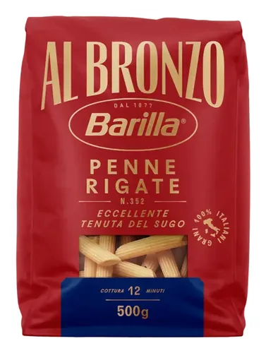 Barilla Teigwaren Al Bronzo Penne Rigate 500 g - Produkttyp: Penne & Röhren - Nährwertangabe pro: 100 g - Energiegehalt (in kj): 1521 KJ - Energiegehalt (in kcal): 359 Kcal - Fett: 2 g - Gesättigte Fettsäuren: 0.4 g