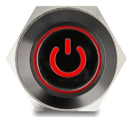 Druckschalter zum Einbau schwarz 16 mm 12 V 5 x Lötanschluss LED rot Powersymbol + Ring