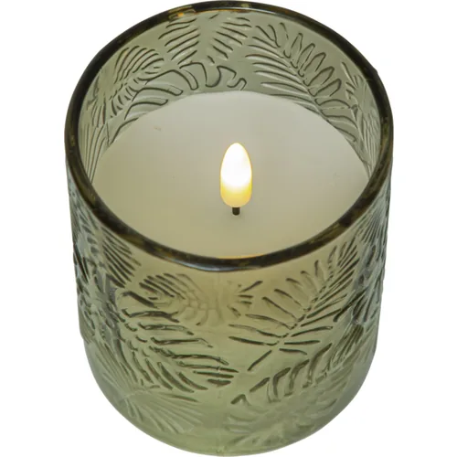 Star Trading LED-Kerze Pillar Flamme Leaf, Ø 8.5 x 10 cm, Grün - Betriebsart: Batteriebetrieb - Fernbedienung: Nein - Aussenanwendung: Nein - Höhe: 10 cm - Timerfunktion: Ja - Set: Nein
