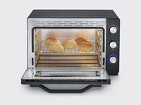 Severin Backofen TO 2073 Schwarz - Funktionen: Backen - Grill - Kochen - Ober-/Unterhitze - Ausstattung: Ausfahrbarer Grillrost - Drehspiess - Innenbeleuchtung - Schalter für Unter- und Oberhitze - Timer-Funktion - Breite: 59.5 cm - Höhe: 38.5 cm - Tiefe: