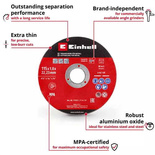 Einhell 5 Trennscheiben 115 mm - Zubehörtyp: Trennscheibe - Durchmesser: 115 mm - Für Material: Stahl - Edelstahl - Set: Ja