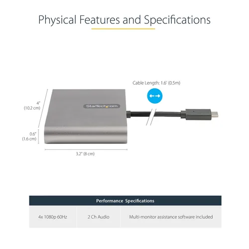 StarTech.com USB-C auf 4x HDMI Adapter - Externe Video- und Grafikkarte - USB Type-C auf Quad HDMI Display Adapter Dongle - 1080p 60Hz - Multi Monitor Splitter - Windows (USBC2HD4)