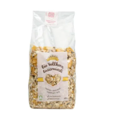 Leib und Gut Bio Vollkorn Basismüesli 600 g - Produkttyp: Getreide - Nährwertangabe pro: 100 g - Energiegehalt (in kj): 1486 KJ - Energiegehalt (in kcal): 354 Kcal - Fett: 5.3 g - Gesättigte Fettsäuren: 1.7 g