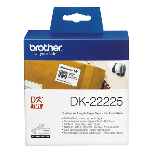 Brother Etikettenrolle DK-22225 Thermo Direkt 38 mm x 30.48 m - Breite: 38 mm - Schriftfarbe: Schwarz - Druckverfahren: Thermodirekt - Endlos: Ja - Materialeigenschaften: selbstklebend