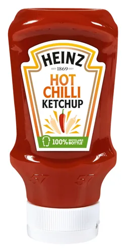 Heinz Ketchup Hot Chili 570 g - Produkttyp: Ketchup - Nährwertangabe pro: 100 g - Energiegehalt (in kj): 449 KJ - Energiegehalt (in kcal): 107 Kcal - Fett: 0.1 g - Gesättigte Fettsäuren: 0 g
