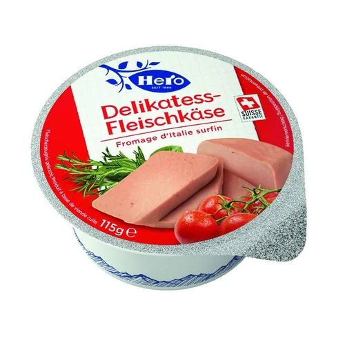 Hero Portion Delikatessfleischkäse 115 g - Produkttyp: Fleisch - Nährwertangabe pro: 100 g - Energiegehalt (in kj): 911 KJ - Energiegehalt (in kcal): 220 Kcal - Fett: 18 g - Davon gesättigte Fettsäuren: 6.8 g