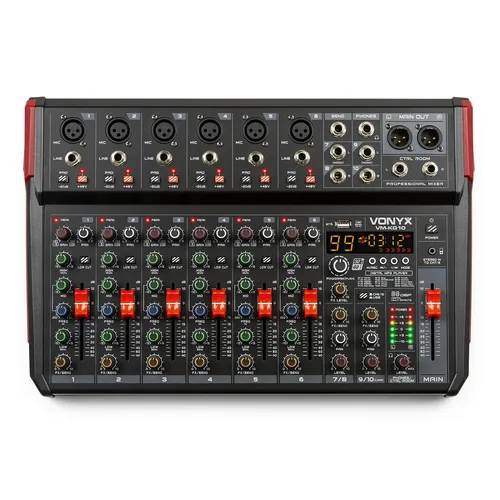Vonyx Mischpult VM-KG10 - Bauform: Pultform - Stereoeingänge: 1 - Digitale Schnittstelle: USB - Mic-/Linekanäle: 10 - Auxwege: 1 - Powermixer: Nein