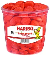 Haribo Gummibonbons Primavera Erdbeeren Dose 1150 g - Produkttyp: Gummibonbons - Nährwertangabe pro: 100 g - Energiegehalt (in kj): 1610 KJ - Energiegehalt (in kcal): 379 Kcal - Fett: 0.5 g - Davon gesättigte Fettsäuren: 0.1 g