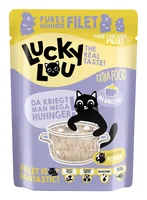 Lucky Lou Nassfutter Extra Food Hühnerfilet in Sud, 70 g - Tierbedürfnis: Kein besonderes Bedürfnis - Geschmacksrichtung: Geflügel - Zertifikate: Keine Zertifizierung - Fleischsorte: Huhn - Packungsgrösse: 70 g - Futtereigenschaft: Getreidefrei - Ohne kün