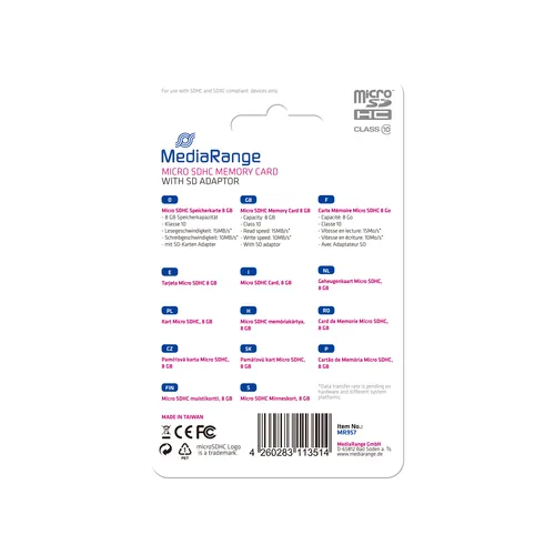 SD-Card micro 8GB SDHC Klasse 10, mit Adapter, 8GB