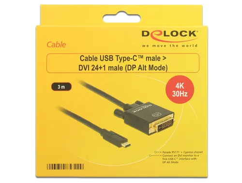 Delock Kabel 4K USB Type-C - DVI-D, 3 m - Kabeltyp: Anschlusskabel - Videoanschluss Seite A: USB Type-C - Videoanschluss Seite B: DVI-D - Detailfarbe: Schwarz - HDMI Standard: Keine Angabe - Display Port Standard: Keine Angabe