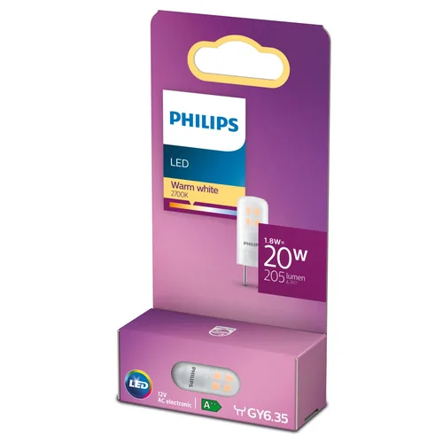 Philips LED Standard Kapsel, Gy6.35 Sockel, 20W Warmweiss, Warmweiss (WW) - Energieeffizienzklasse EnEV 2020: F - Lampensockel: GY6.35 - Farbtemperatur Kelvin: 2700 K - Gesamtleistung: 1.8 W - Dimmbar: nicht dimmbar - Zusätzliche Ausstattung: Keine