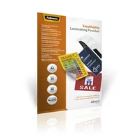 Fellowes Laminierfolie EasyDisplay A3, 80 µm, 25 Stk., Glänz. Selbst. - Mediengewicht: 80 µm - Folien Anwendungsbereich: Heisslamination - Folien Effekt: Glänzend - Papierformat: A3 - Zubehörtyp: Laminierfolie