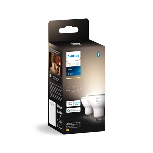 Philips Hue White GU10 Doppelpack 2 x 400 lm - Energieeffizienzklasse: E - Lampensockel: GU10 - Protokoll: Bluetooth - ZigBee - Smart Home: Kompatibel - Farbtemperatur Kelvin: 2700 K - Gesamtleistung: 4.2 W