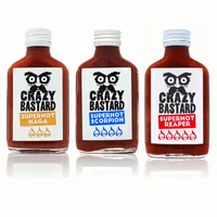 Crazy Bastard Sauce Sauce Superhot Set 3 x 100 ml - Produkttyp: Chilisauce - Nährwertangabe pro: 100 g - Energiegehalt (in kj): 290 KJ - Energiegehalt (in kcal): 69 Kcal - Fett: 0.7 g - Gesättigte Fettsäuren: 0.1 g