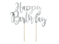Partydeco Kuchen-Topper Happy Birthday 1 Stück, Silber - Material: Papier - Motiv: Geburtstag - Verpackungseinheit: 1 Stück - Detailfarbe: Silber