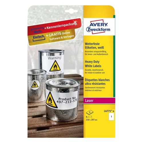 AVERY ZWECKFORM Wetterfeste-Etikett. 210x297mm L4775-8 weiss 8 Blatt/8 Stk.