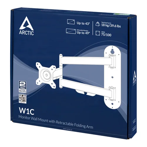 Arctic Cooling Wandhalter W1C bis 18 kg – Schwarz - Eigenschaften: Drehbar - Ausziehbar - Maximale Bildschirmgrösse: 49  - Detailfarbe: Schwarz - Maximale Tragkraft: 18 kg - Anzahl Bildschirme: 1