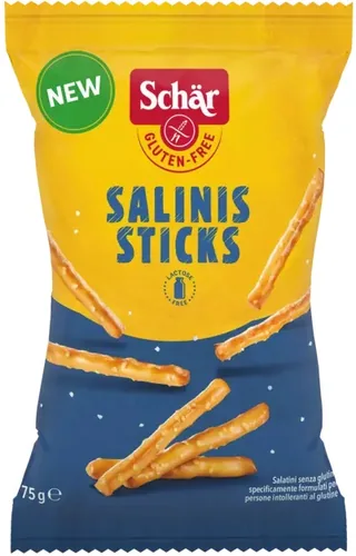 Dr.Schär Apéro Salinis Sticks glutenfrei 75 g - Produkttyp: Salzgebäck - Nährwertangabe pro: 100 g - Energiegehalt (in kj): 2022 KJ - Energiegehalt (in kcal): 482 Kcal - Fett: 21 g - Gesättigte Fettsäuren: 9.9 g