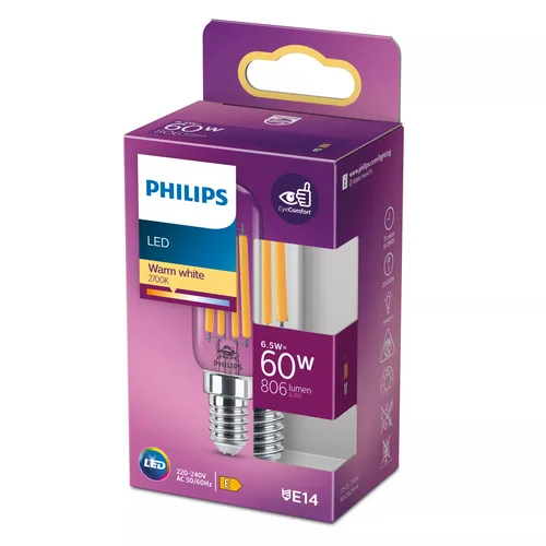 Philips LED T20 l Stablampe, E14, Klar, Warmweiss, 60W Ersatz - Energieeffizienzklasse EnEV 2020: E - Lampensockel: E14 - Farbtemperatur Kelvin: 2700 K - Gesamtleistung: 6.5 W - Dimmbar: dimmbar - Zusätzliche Ausstattung: Keine